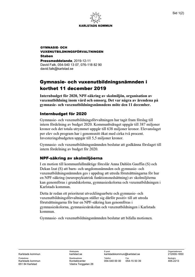 Gymnasie- och vuxenutbildningsnämnden i korthet 11 december