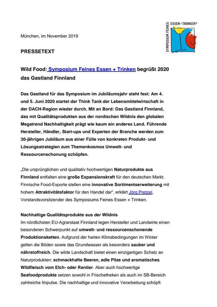 Wild Food: Symposium Feines Essen + Trinken begrüßt 2020 das Gastland Finnland 