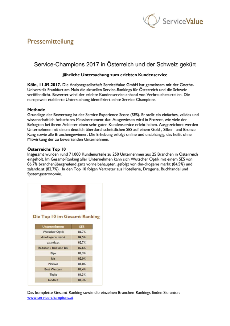 Service-Champions 2017 in Österreich und der Schweiz gekürt