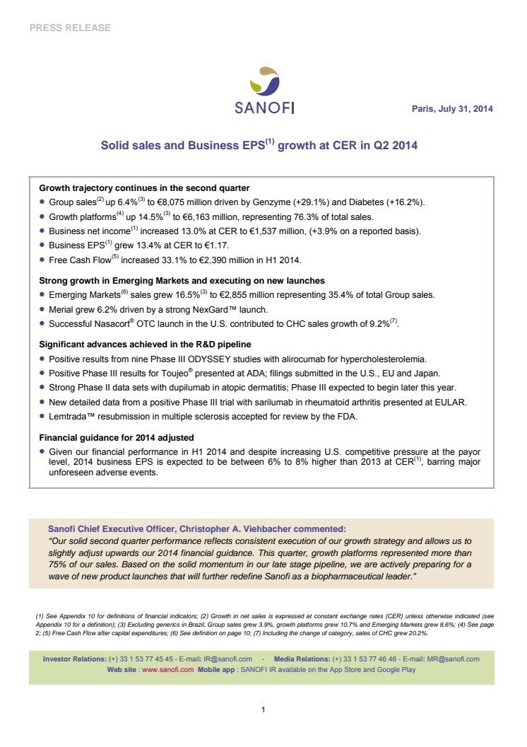 Solid sales and Business EPS growth at CER in Q2 2014