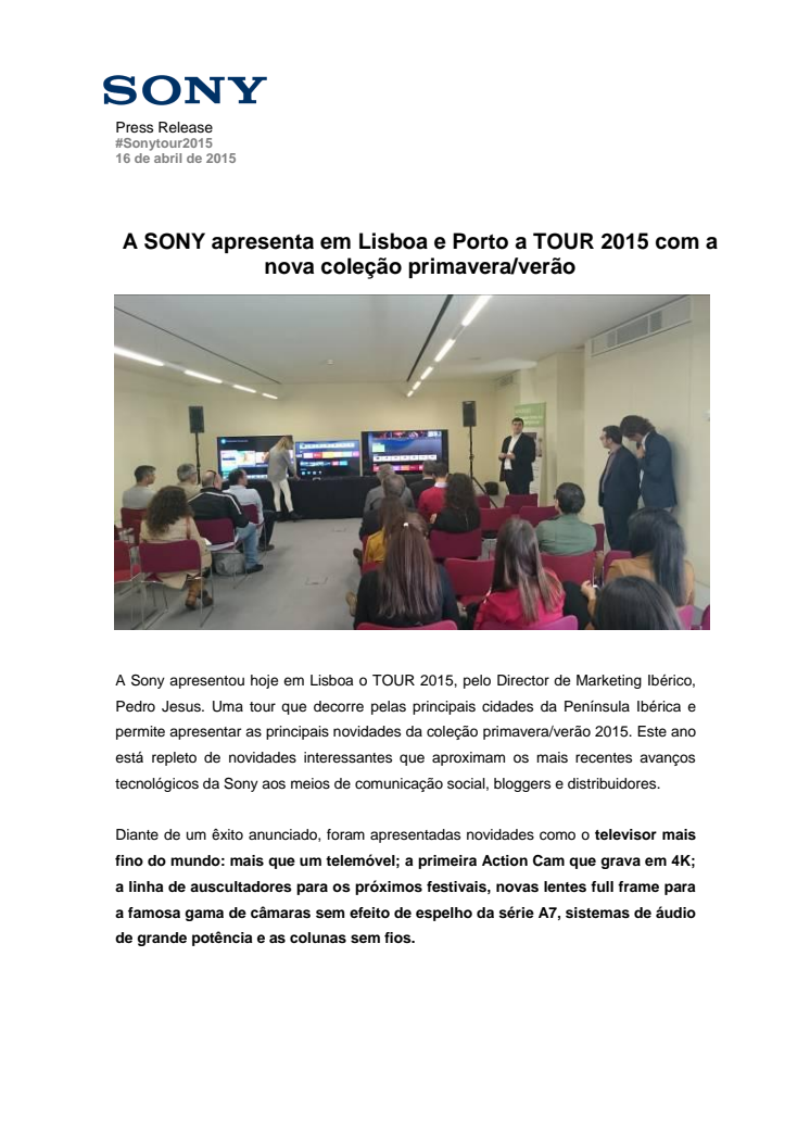 A SONY apresenta em Lisboa e Porto a TOUR 2015 com a nova coleção primavera/verão