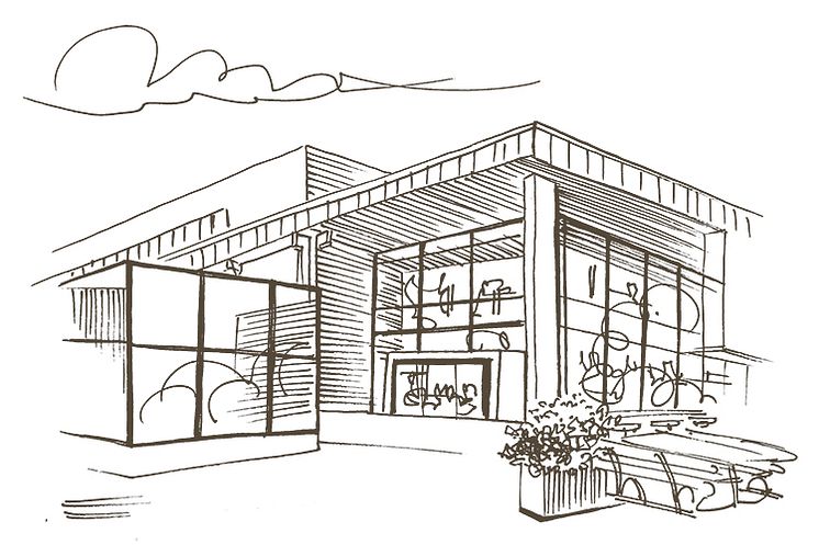 Tegning af Bruun Rasmussens facade i Lyngby 2023