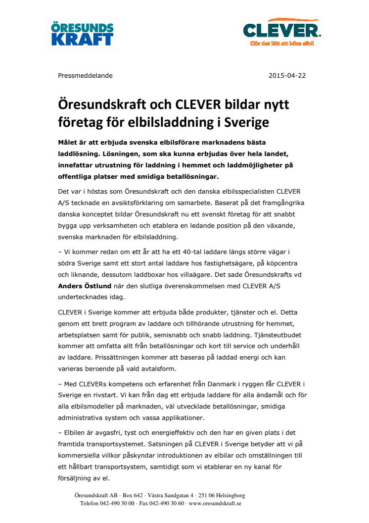 Öresundskraft och CLEVER bildar nytt företag för elbilsladdning i Sverige