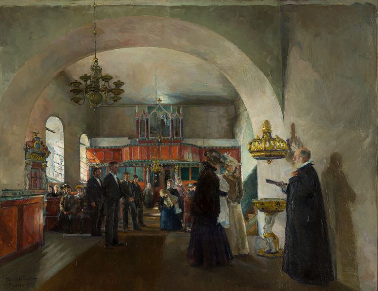 Harriet Backer, Barnedåp i Stange kirke, 1889.