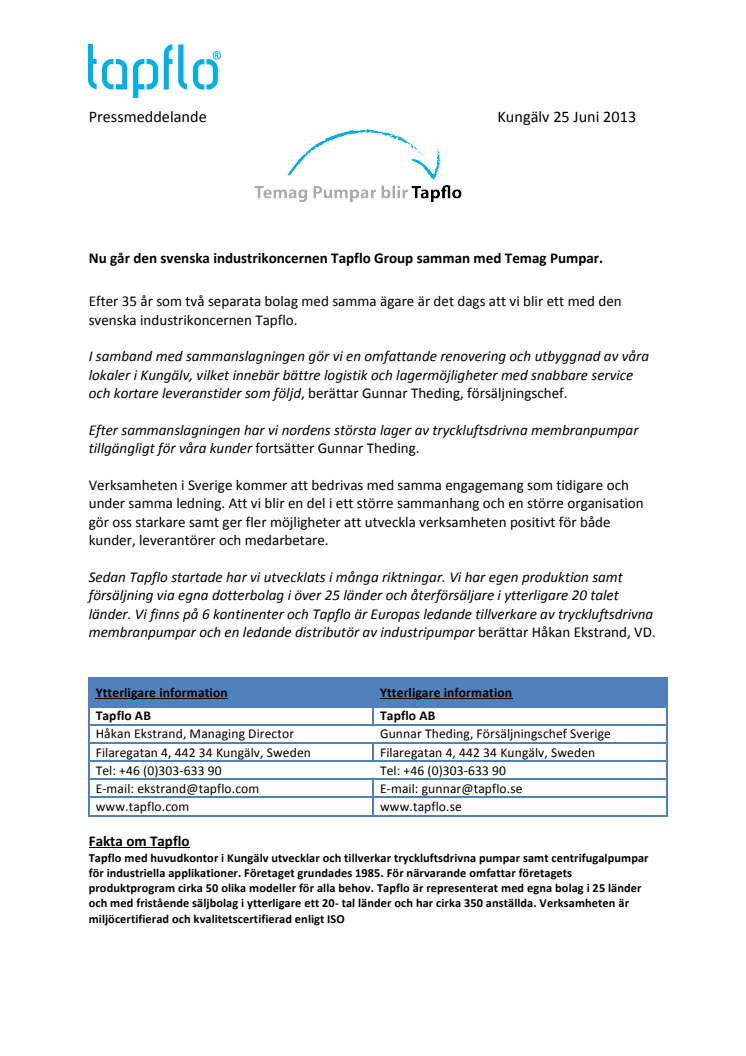 Nu går den svenska industrikoncernen Tapflo Group samman med Temag Pumpar.