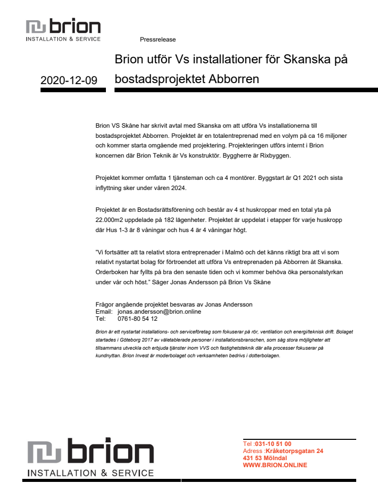 Brion utför Vs installationer för Skanska på bostadsprojektet Abborren 