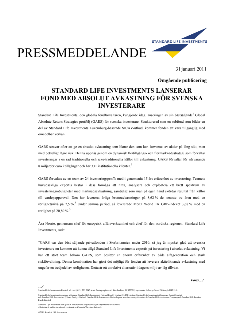 Standard Life Investments lanserar fond med absolut avkastning för svenska investerare