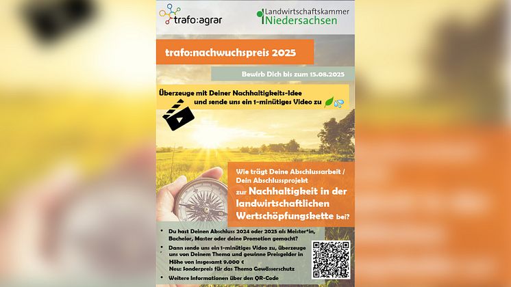 Bewerbung für den „trafo:nachwuchspreis 2025“ nun möglich | Thema: „Wie trägt Deine Abschlussarbeit oder Dein Arbeitsprojekt zur Nachhaltigkeit in der landwirtschaftlichen Wertschöpfungskette bei?“