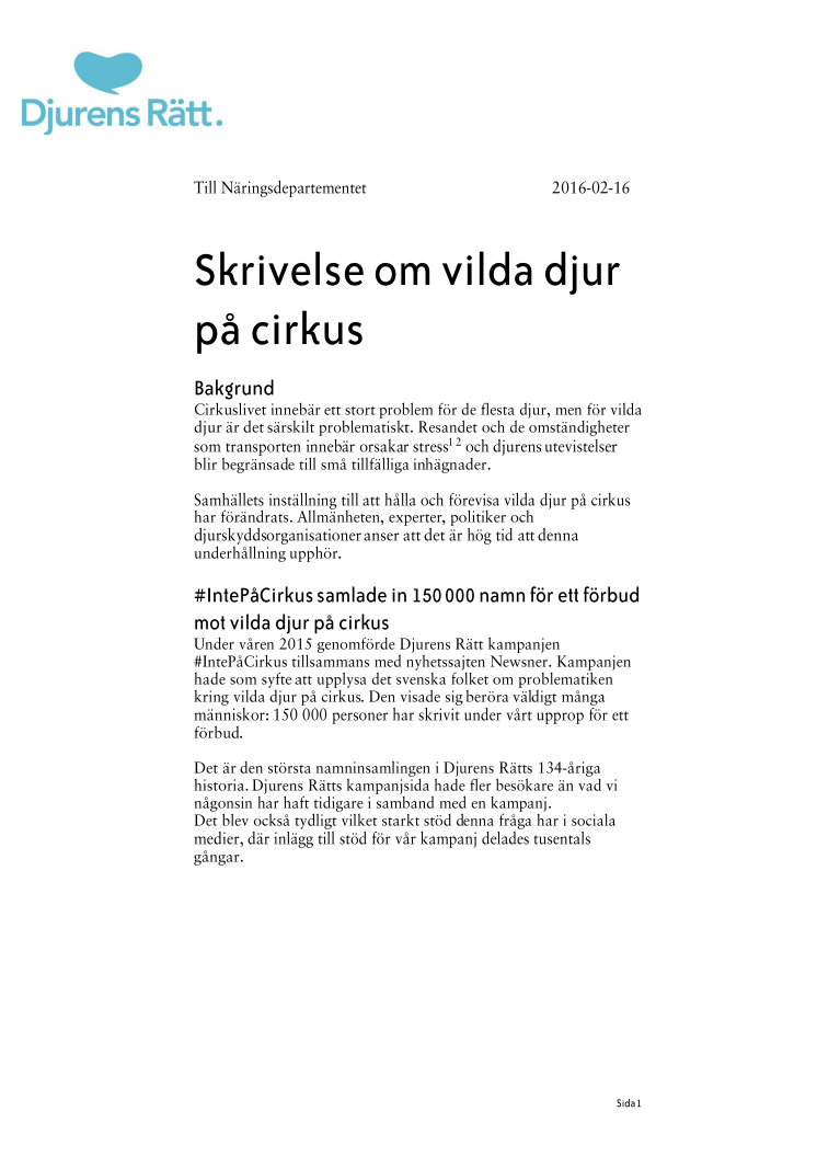 Skrivelse om vilda djur på cirkus