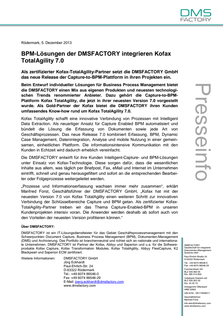BPM-Lösungen der DMSFACTORY integrieren Kofax TotalAgility 7.0 