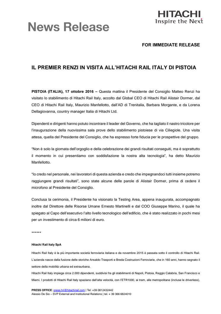 Il Premier Renzi in visita all’Hitachi Rail Italy di Pistoia