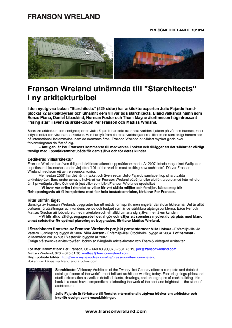 Franson Wreland utnämnda till ”Starchitects” i ny arkitekturbibel 