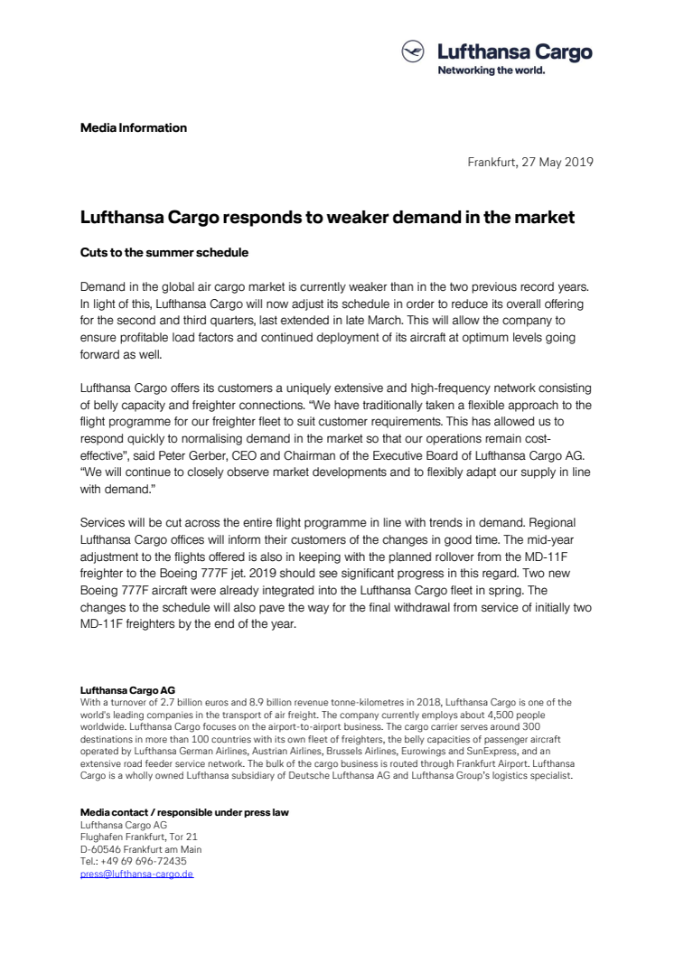 Lufthansa Cargo responds to weaker demand in the market