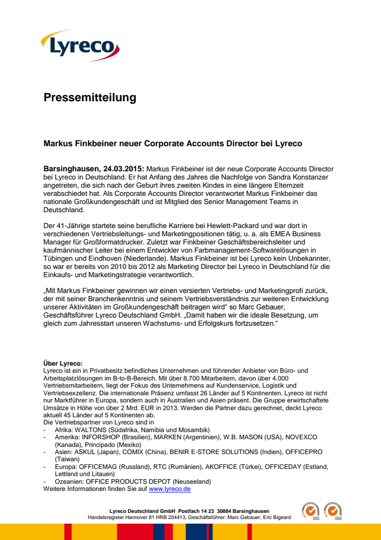 Markus Finkbeiner neuer Corporate Accounts Director bei Lyreco