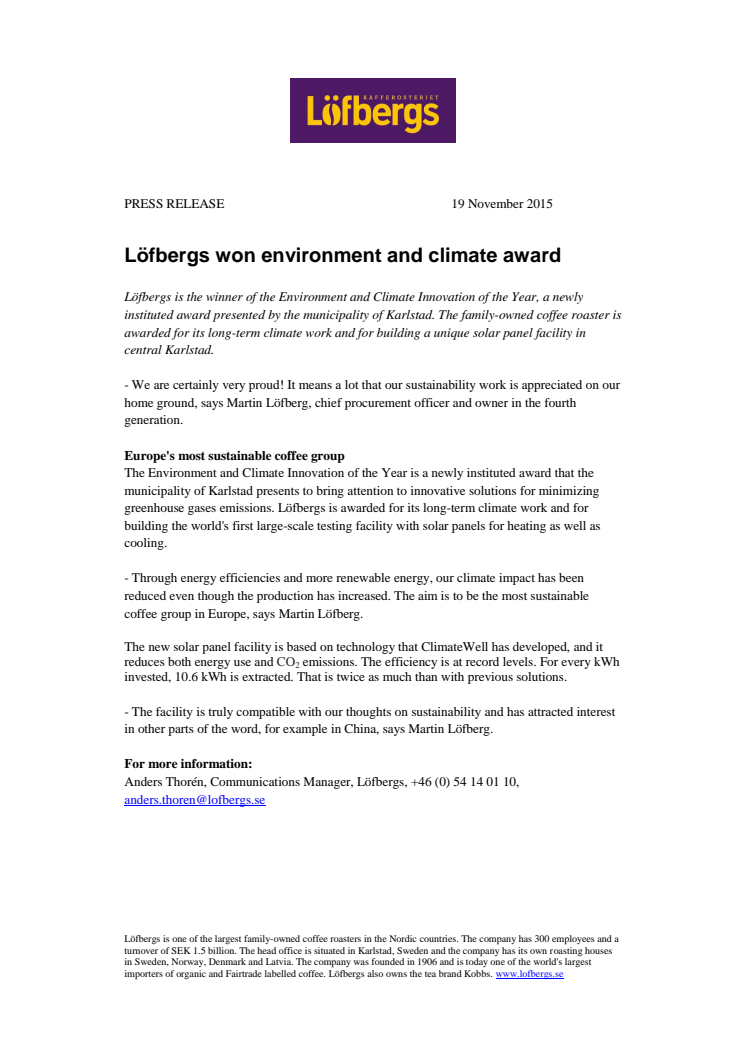 Löfbergs won environment and climate award 