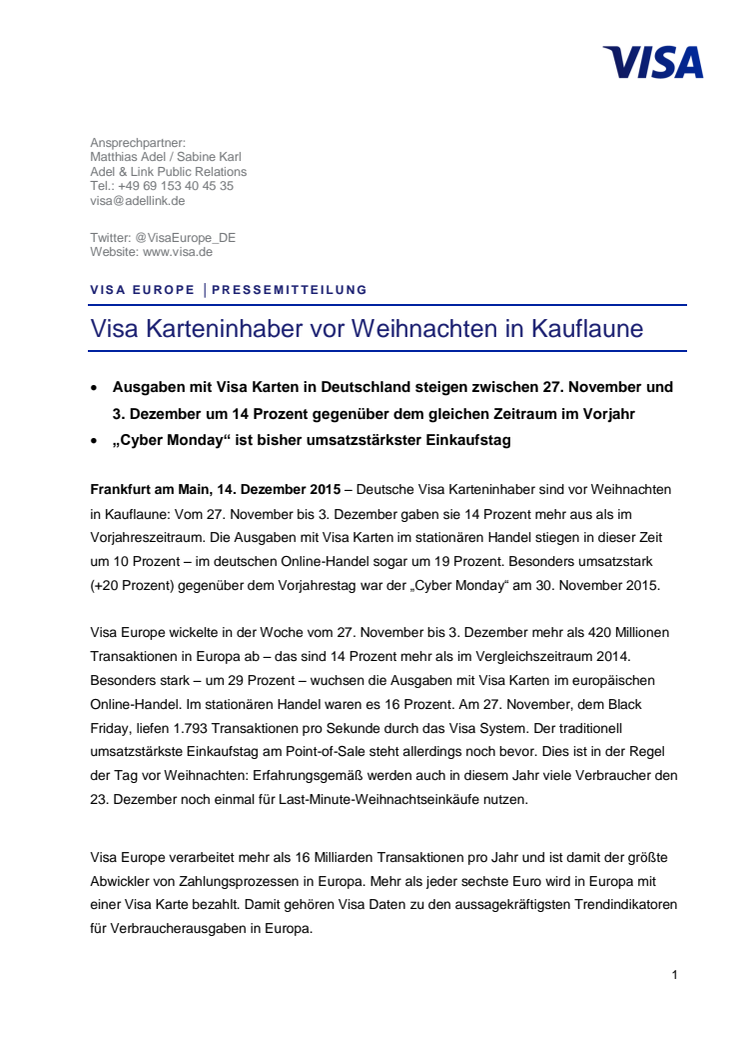 Visa Karteninhaber vor Weihnachten in Kauflaune