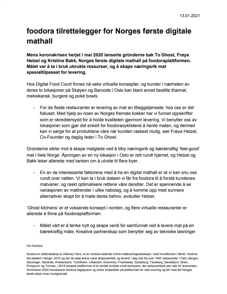 foodora tilrettelegger for Norges første digitale mathall