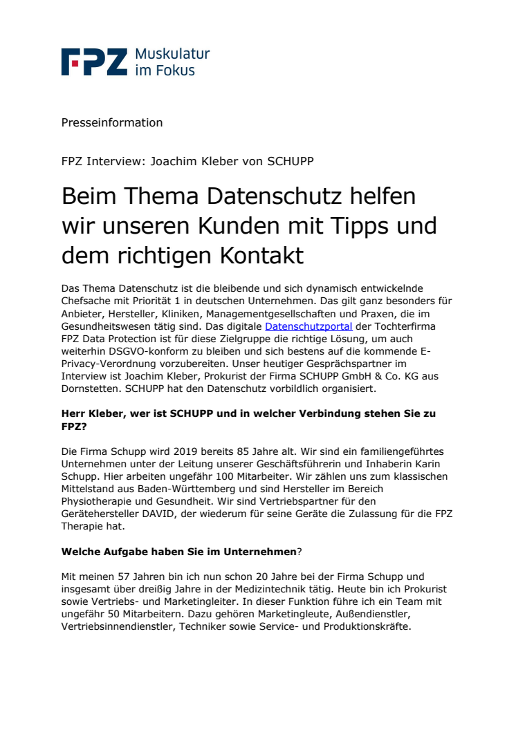 FPZ Interview mit Joachim Kleber von SCHUPP: "Beim Thema Datenschutz helfen wir unseren Kunden mit Tipps und dem richtigen Kontakt"