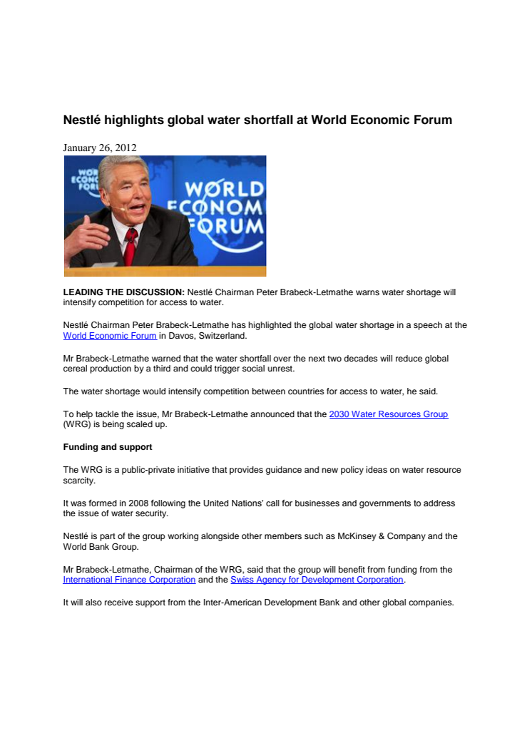 Nestlé highlights global water shortfall at World Economic Forum January 26, 2012