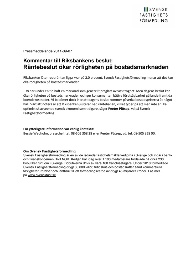 Kommentar till Riksbankens beslut: Räntebeslut ökar rörligheten på bostadsmarknaden 