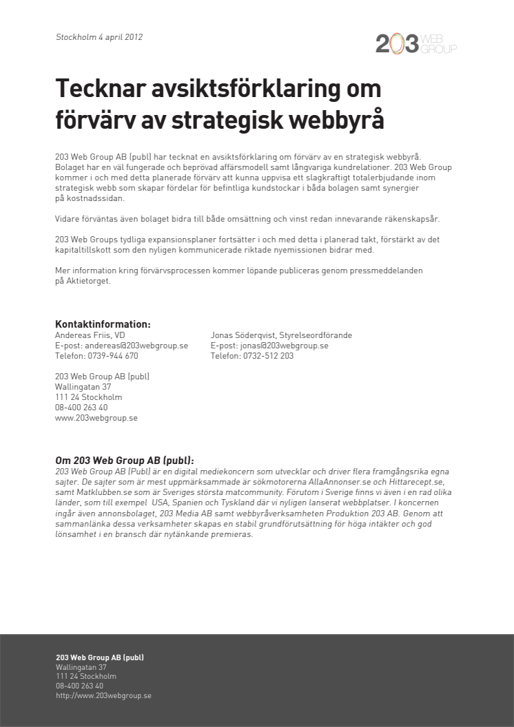 203 Web Group tecknar avsiktförklaring om förvärv av strategisk webbyrå