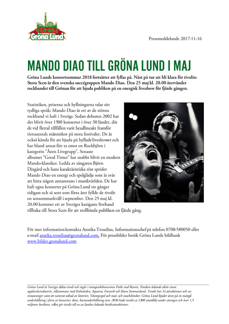 Mando Diao till Gröna Lund i maj