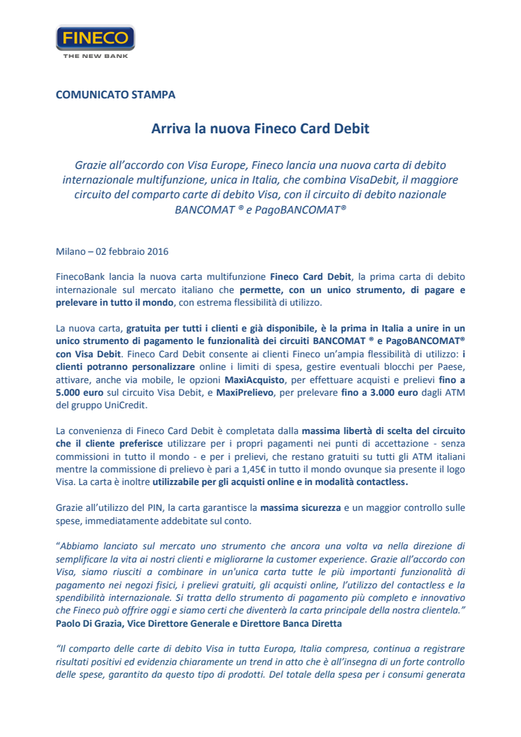 Arriva la nuova Fineco Card Debit