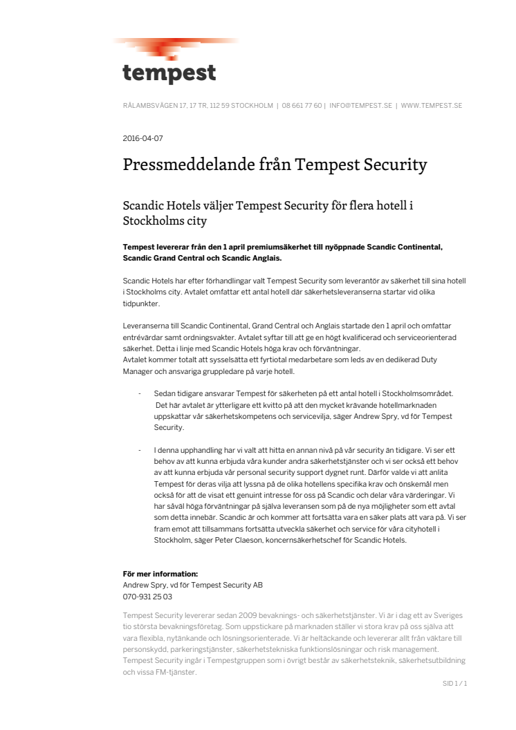 Scandic Hotels väljer Tempest Security för flera hotell i Stockholms city