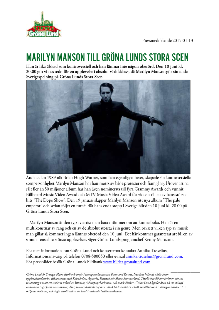 Marilyn Manson till Gröna Lunds Stora Scen