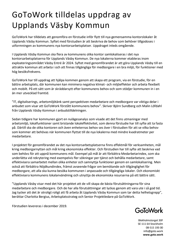 GoToWork tilldelas uppdrag av Upplands Väsby kommun