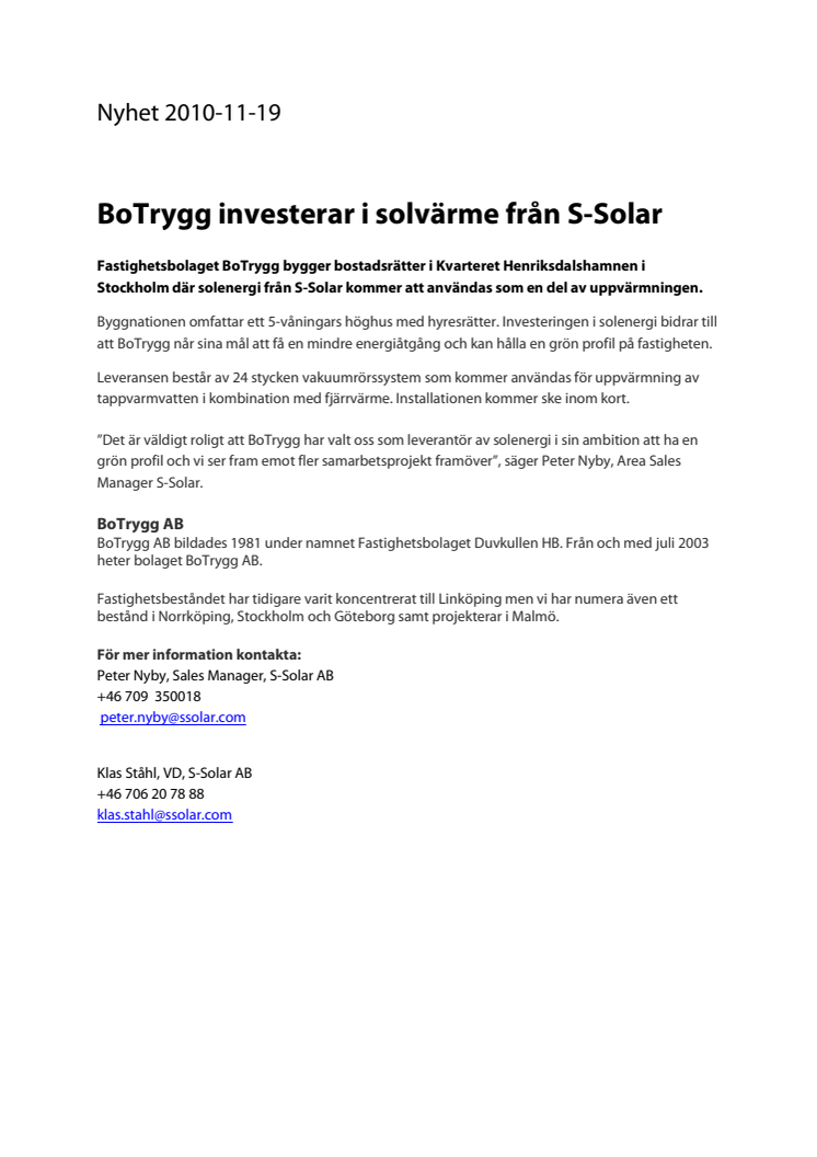BoTrygg investerar i solvärme från S-Solar
