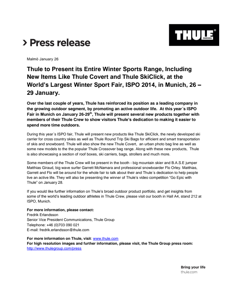 Thule to Present its Entire Winter Sports Range, Including New Items Like Thule Covert and Thule SkiClick, at the World’s Largest Winter Sport Fair, ISPO 2014, in Munich, 26 – 29 January.