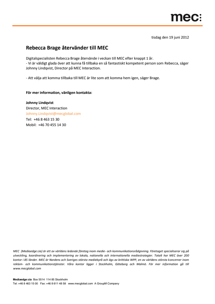 Rebecca Brage återvänder till MEC