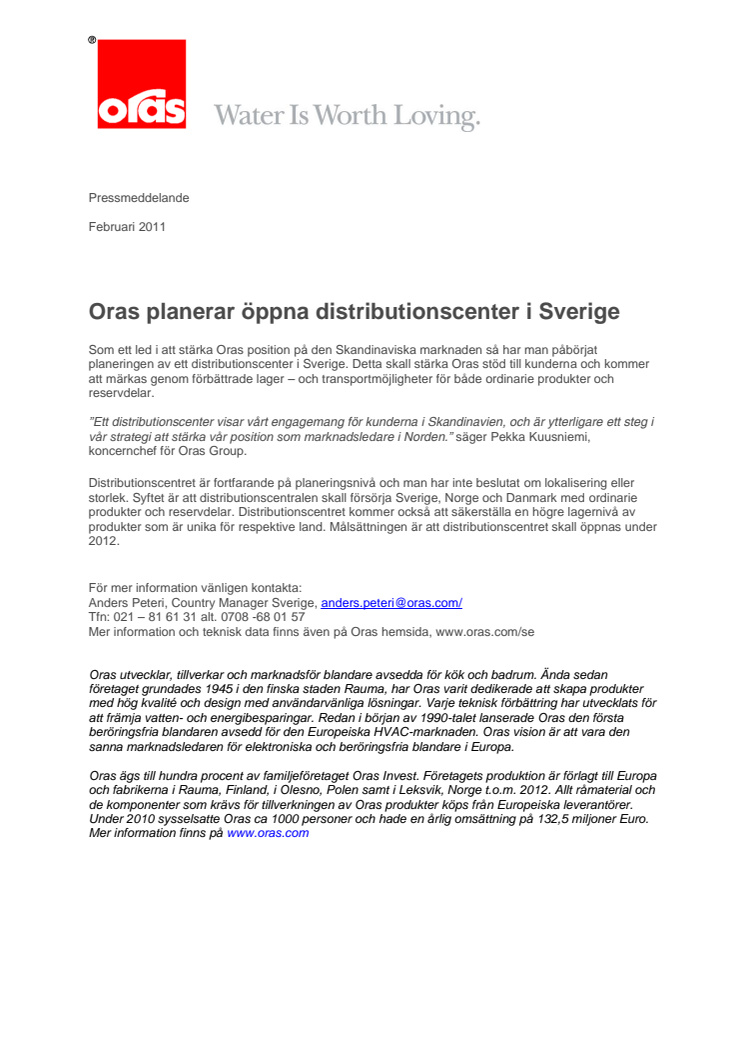Oras planerar öppna distributionscenter i Sverige