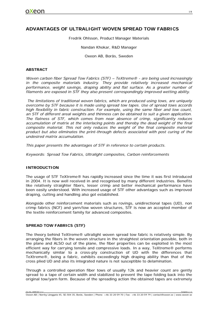 Paper: Advantages of Ultra Light Woven Spread Tow Fabrics