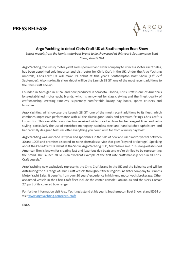 Argo Yachting to debut Chris-Craft UK at Southampton Boat Show 