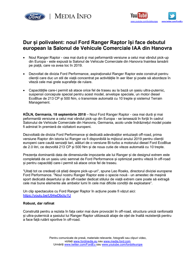 Dur și polivalent: noul Ford Ranger Raptor își face debutul european la Salonul de Vehicule Comerciale IAA din Hanovra