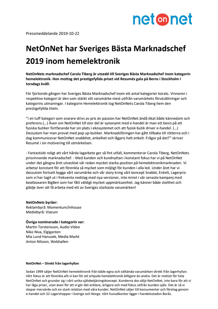 NetOnNet har Sveriges Bästa Marknadschef 2019 inom hemelektronik