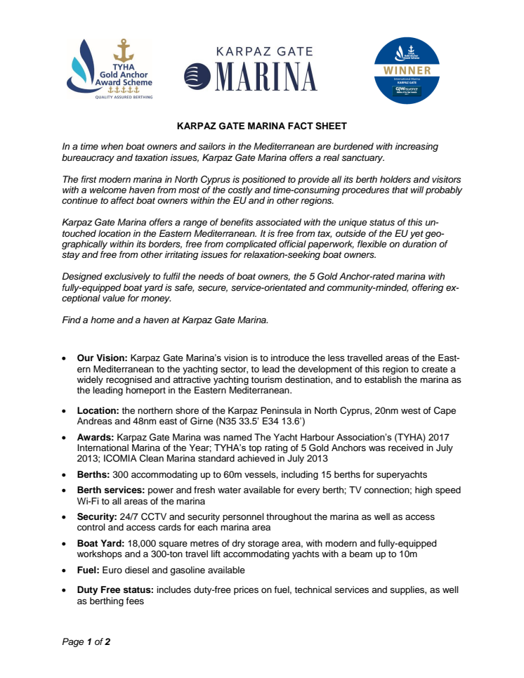 Karpaz Gate Marina Fact Sheet