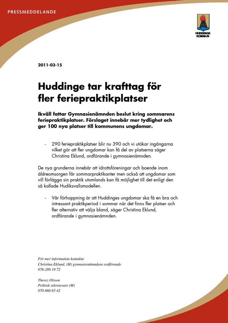 Huddinge tar krafttag för fler feriepraktikplatser