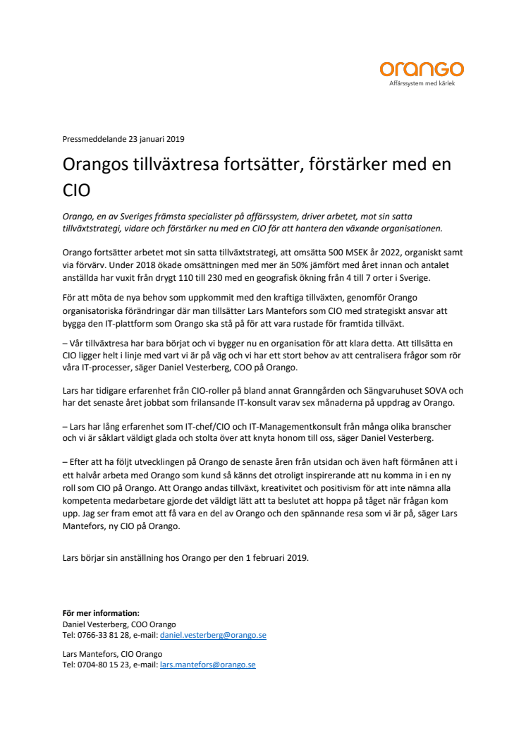 Orangos tillväxtresa fortsätter, förstärker med en CIO
