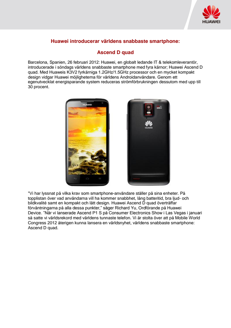Huawei introducerar världens snabbaste smartphone: Ascend D quad