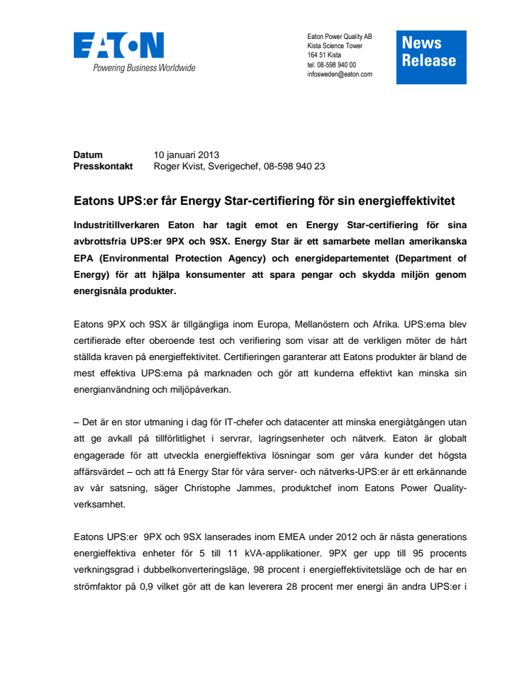 Eatons UPS:er får Energy Star-certifiering för sin energieffektivitet