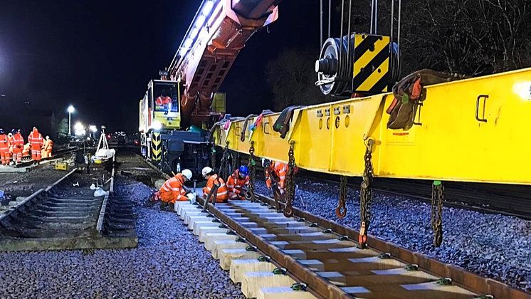 Network Rail engineers positioning section of railway track