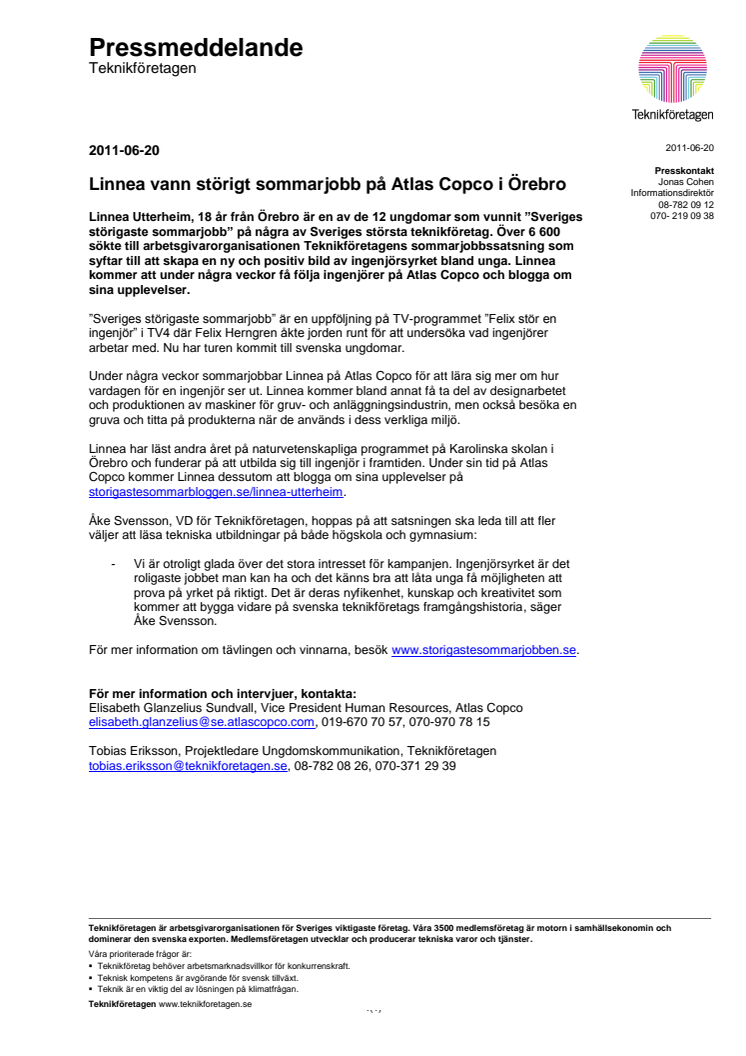 Linnea vann störigt sommarjobb på Atlas Copco i Örebro