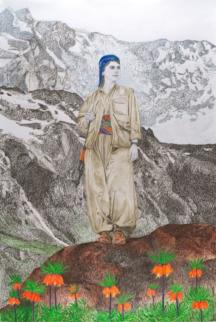 Gelawesh Waledkhani, Flowers of Resistance, 2023. Tusj og fargeblyant på akvarellpapir © Gelawesh Waled