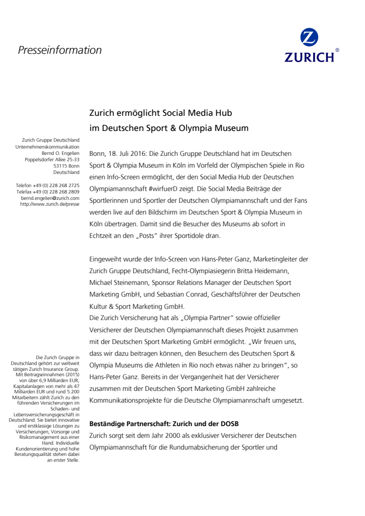 Zurich ermöglicht Social Media Hub im Deutschen Sport & Olympia Museum