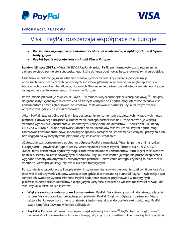 Visa i PayPal rozszerzają współpracę na Europę