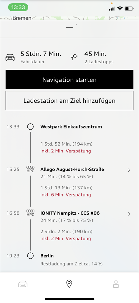 Audi e-tron-ruteplanlægger (app turplan)