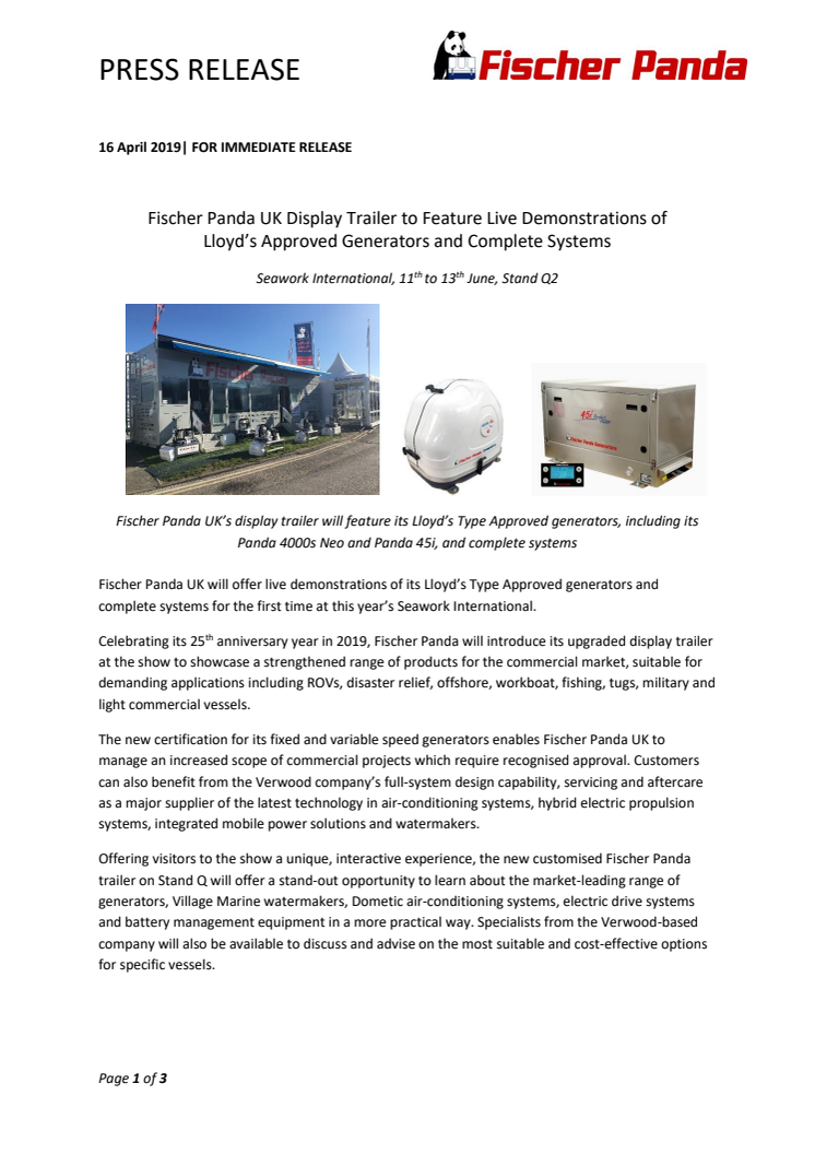 Fischer Panda UK Display Trailer to Feature Live Demonstrations of Lloyd’s Approved Generators and Complete Systems